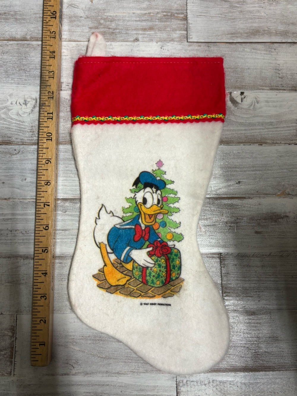 Vintage 80’s Walt Disney Christmas Stocking Felt Donald Duck Red Gold.